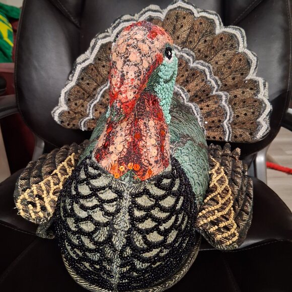 John Derian 2024 15x17 Beaded Sequins Thanksgiving Turkey Novelty Plush Pillow - Picture 2 of 6